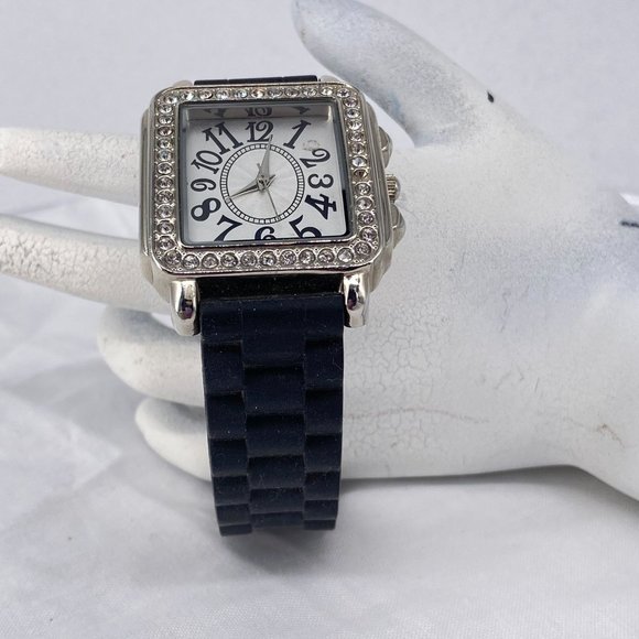 Watch Square Face Siicone Strap FMDAL Rectangle Face Large Black Numbers Rhinest - Picture 1 of 6